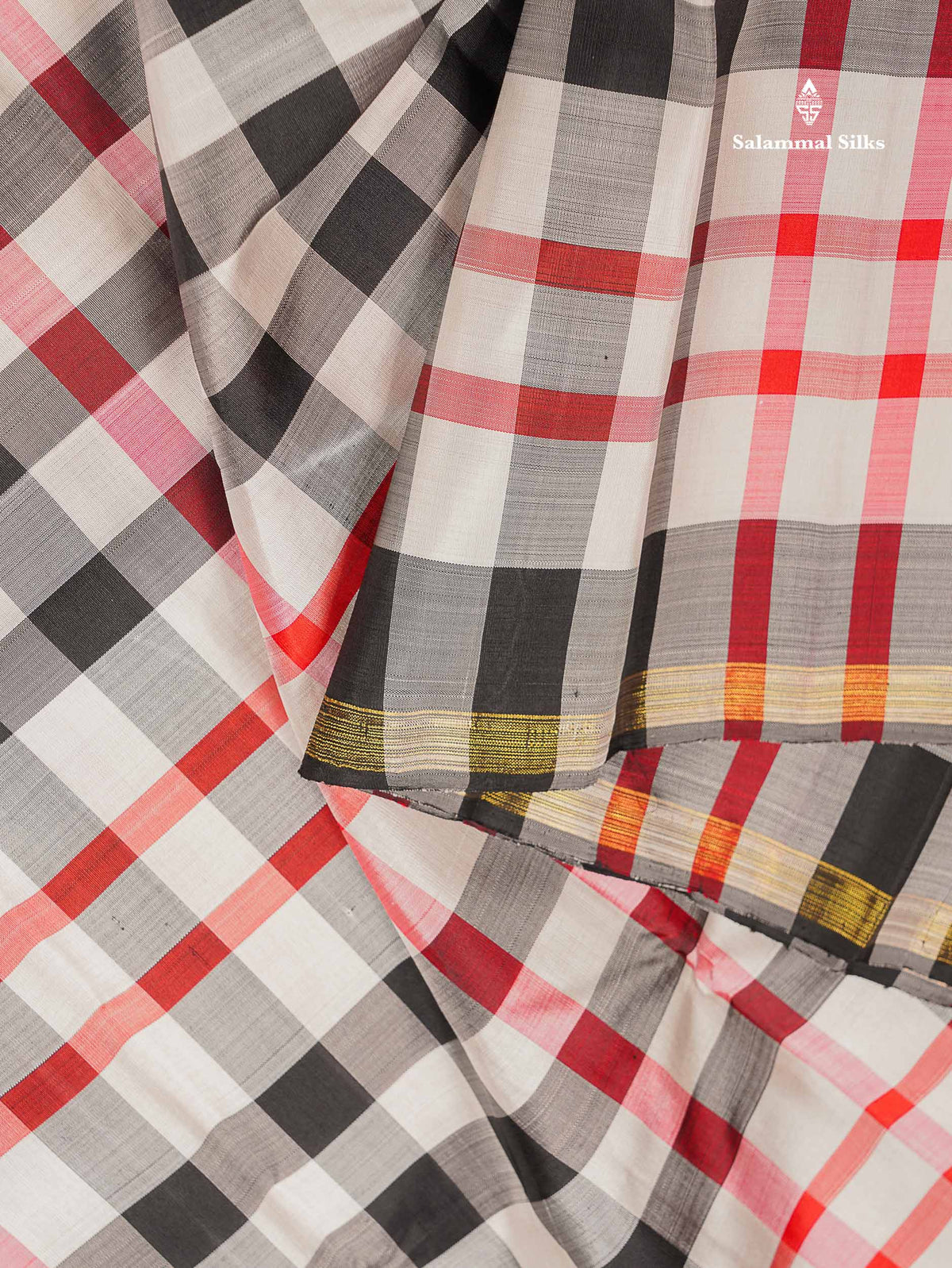 Pure Kanjivaram Silk Saree - Burberry Checks With Contrast Black Blouse