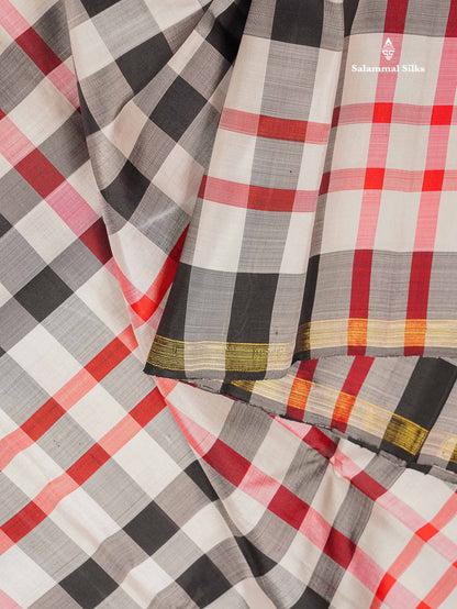 Pure Kanjivaram Silk Saree - Burberry Checks With Contrast Black Blouse