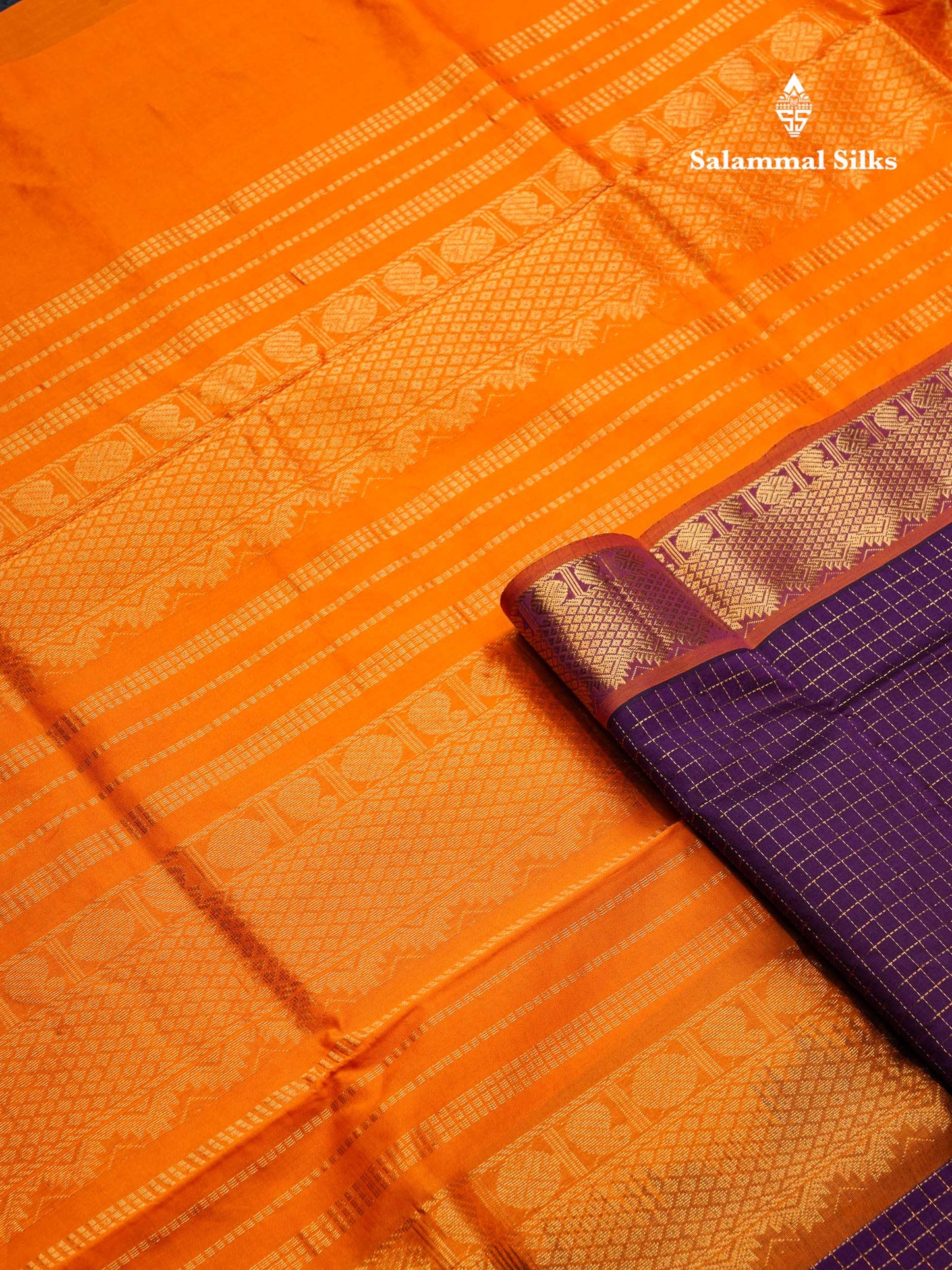 Beautiful Royal Blue Small Zari Checks Semi Silk Cotton Saree With Contrast Orange Blouse
