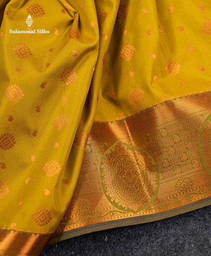 Beautiful Manthulir Yellow Zari Butta Semi Silk Saree With Contrast Blueish Grey Blouse