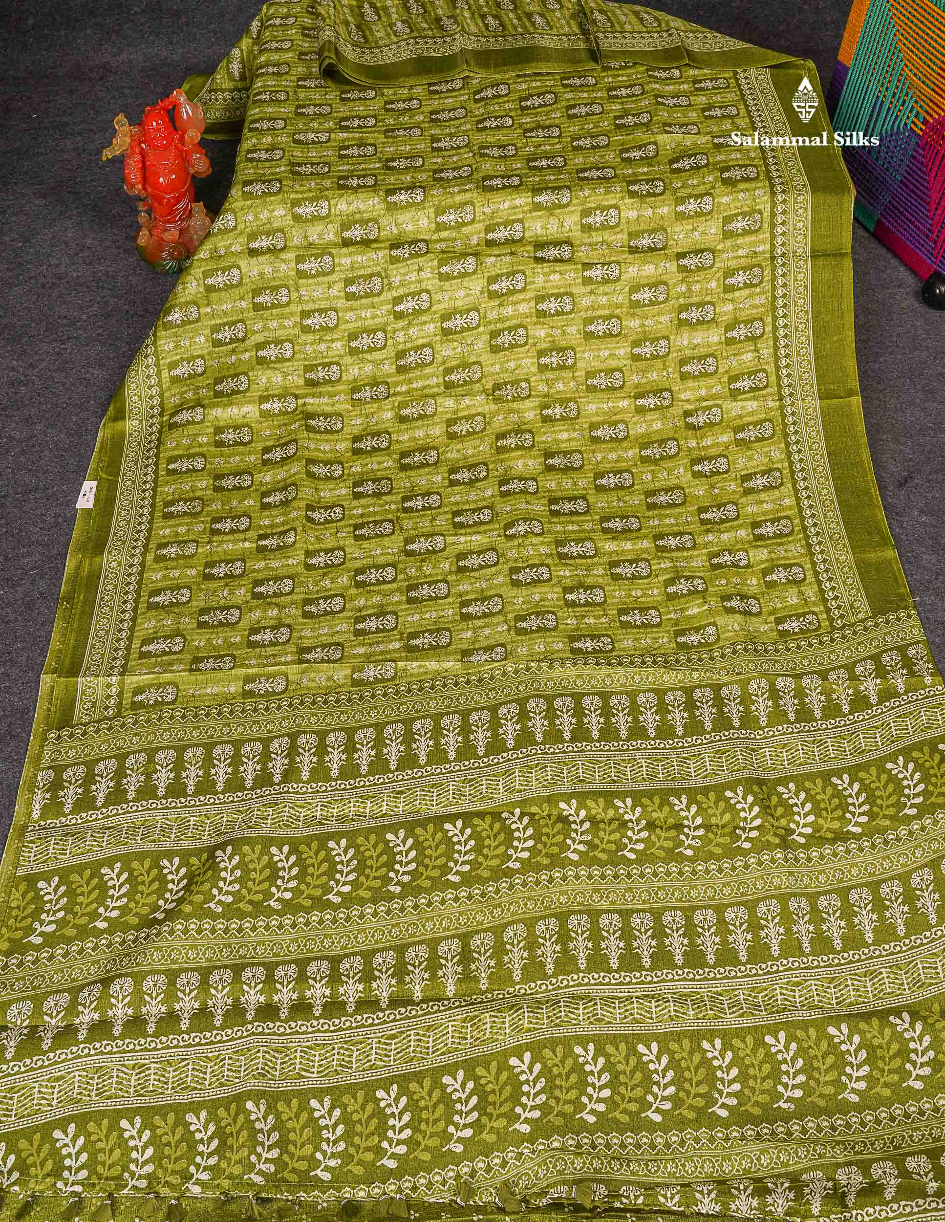 Semi Tussar Fancy Saree - Olive Green Colour Body With Small Fancy Border 