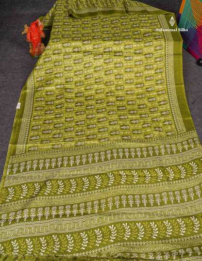 Semi Tussar Fancy Saree - Olive Green Colour Body With Small Fancy Border 