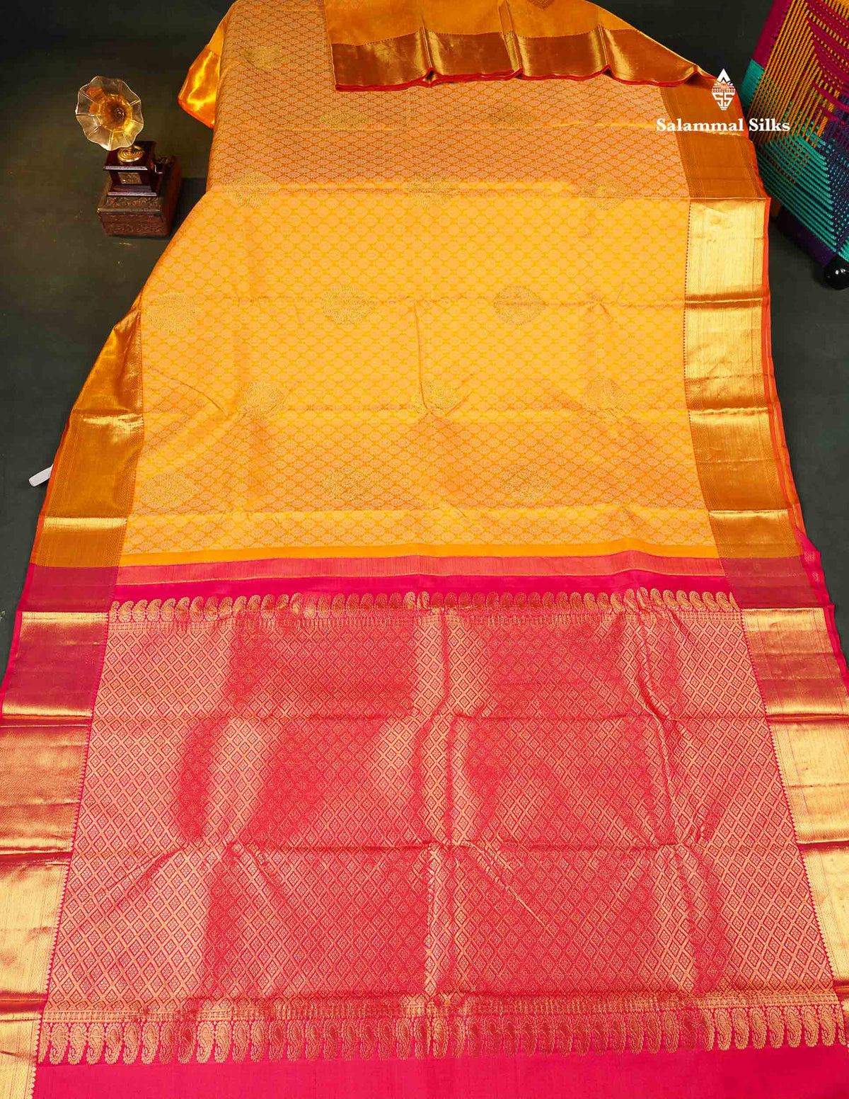 Pure Kanjivaram Silk Saree - Mustard Yellow Colour Body With Contrast Pink Blouse 