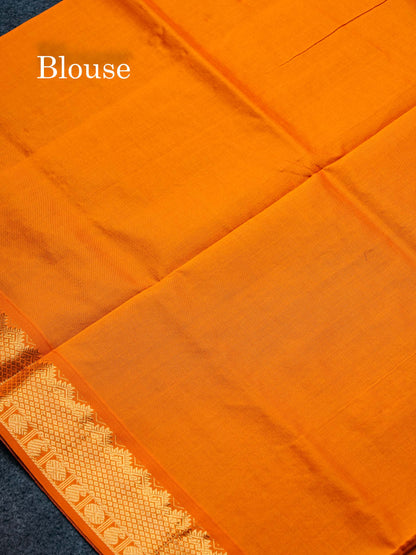 Beautiful Royal Blue Small Zari Checks Semi Silk Cotton Saree With Contrast Orange Blouse