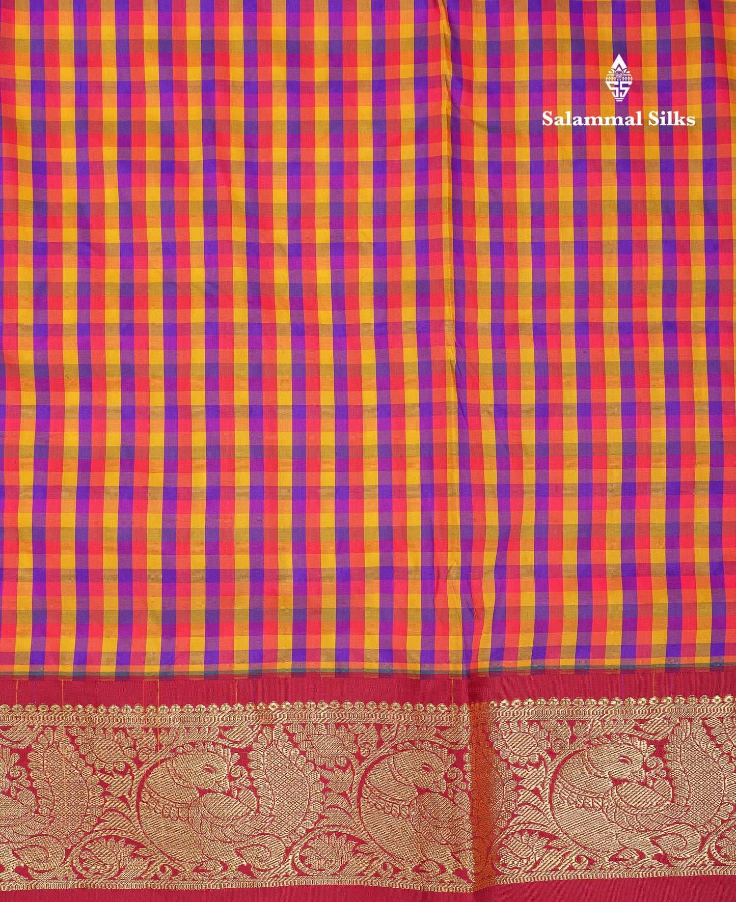 10.5 Yards Semi Silk Saree Paalum Pazham Checks With Contrast Maroon Traditional Border