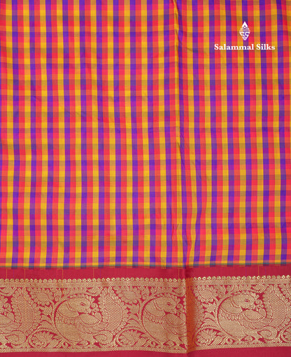 10.5 Yards Semi Silk Saree Paalum Pazham Checks With Contrast Maroon Traditional Border