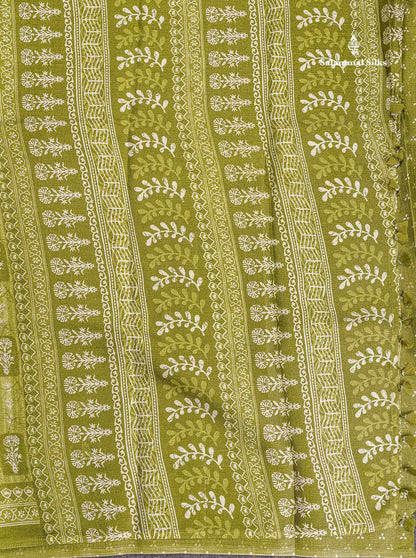 Semi Tussar Fancy Saree - Olive Green Colour Body With Small Fancy Border