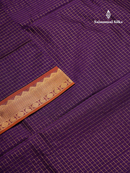 Beautiful Royal Blue Small Zari Checks Semi Silk Cotton Saree With Contrast Orange Blouse