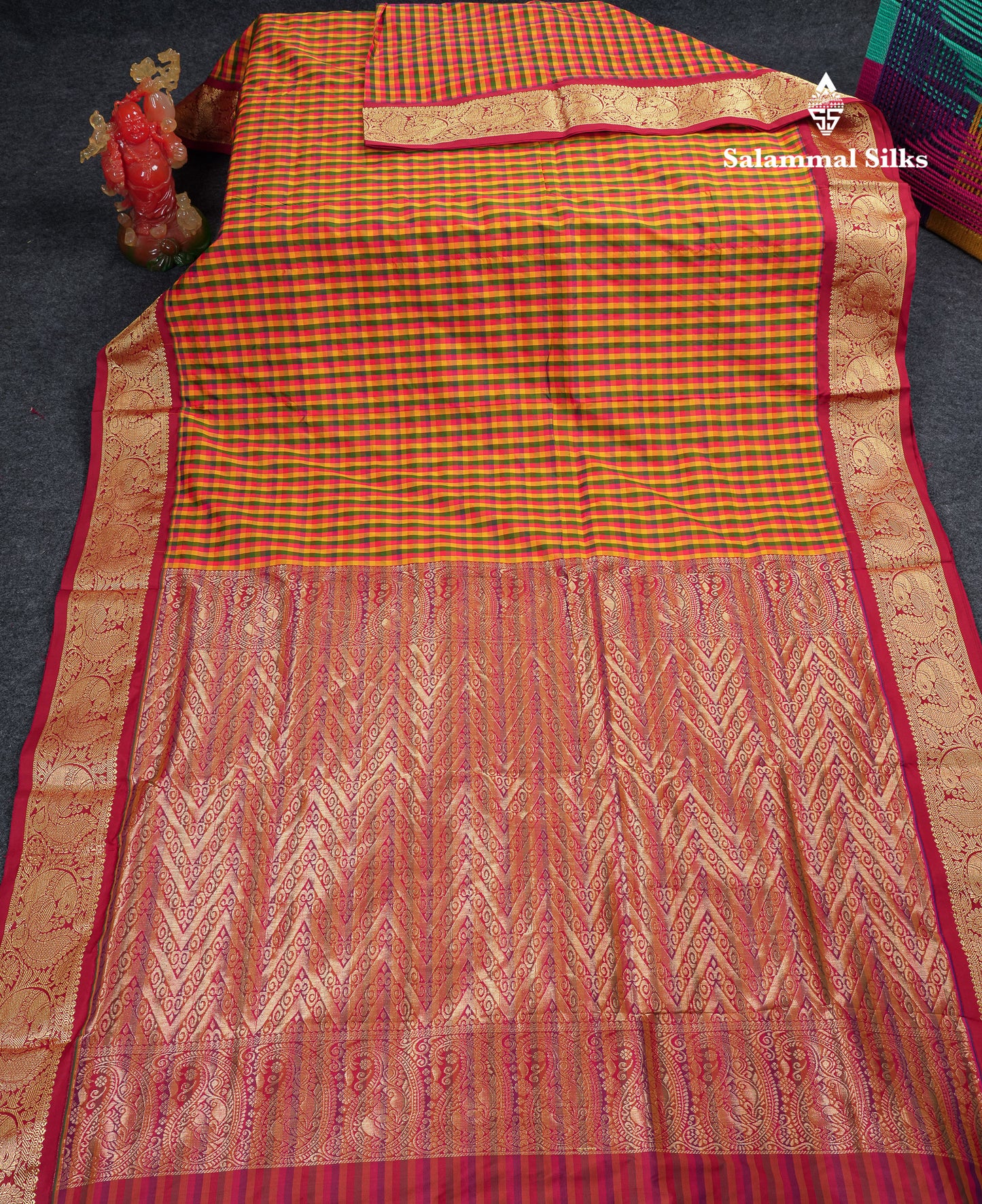 10.5 Yards Semi Silk Saree Paalum Pazham Checks With Contrast Maroon Traditional Border