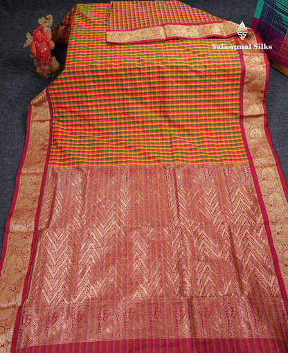 10.5 Yards Semi Silk Saree Paalum Pazham Checks With Contrast Maroon Traditional Border
