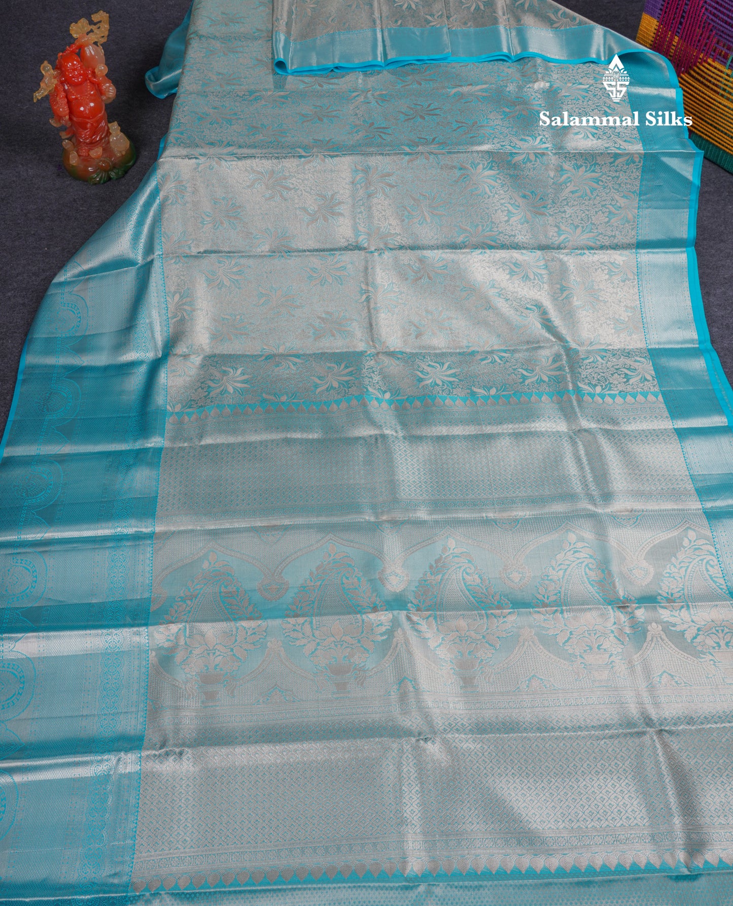 Beautiful Silver Tissue Bridal Pure Kanjivaram Silk Saree With Ccontrast Sky Blue Traditional Evening Morning Border