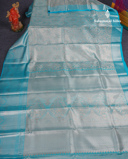 Beautiful Silver Tissue Bridal Pure Kanjivaram Silk Saree With Ccontrast Sky Blue Traditional Evening Morning Border