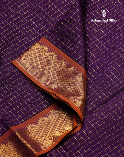 Beautiful Royal Blue Small Zari Checks Semi Silk Cotton Saree With Contrast Orange Blouse