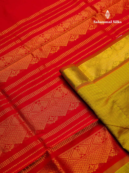 Beautiful Manthulir Green Small Zari Checks Semi Silk Cotton Saree With Contrast Chilly Red Blouse