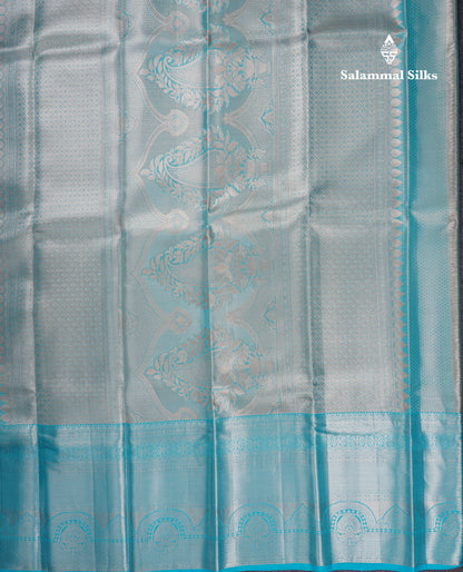 Beautiful Silver Tissue Bridal Pure Kanjivaram Silk Saree With Ccontrast Sky Blue Traditional Evening Morning Border