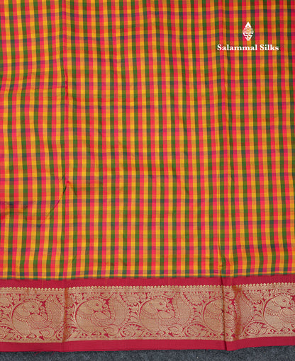 10.5 Yards Semi Silk Saree Paalum Pazham Checks With Contrast Maroon Traditional Border