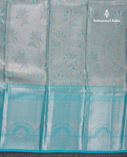 Beautiful Silver Tissue Bridal Pure Kanjivaram Silk Saree With Ccontrast Sky Blue Traditional Evening Morning Border