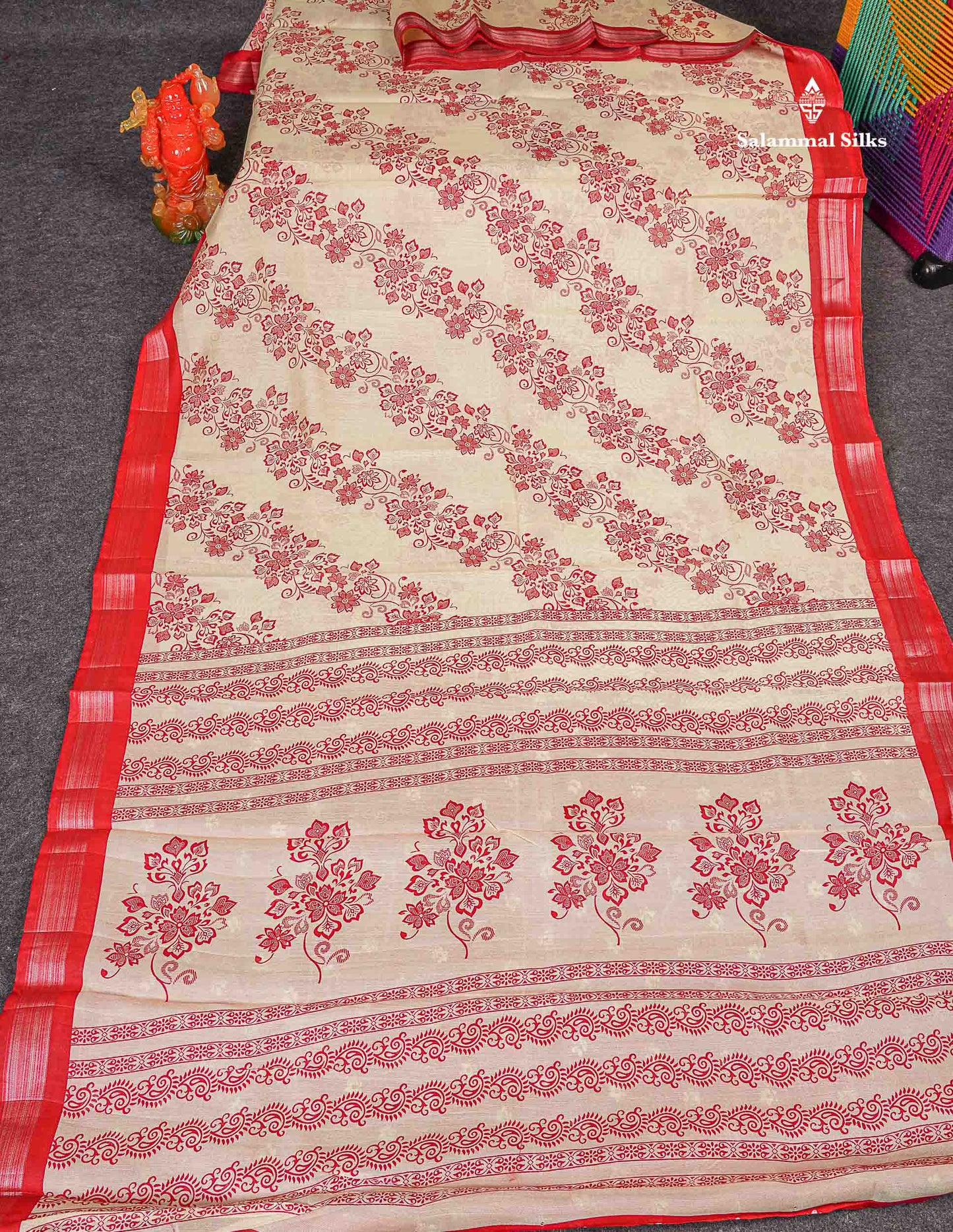 Mahu Silk Fancy Saree - Half White Colour Body With Contrast Chilly Red Tissue Border