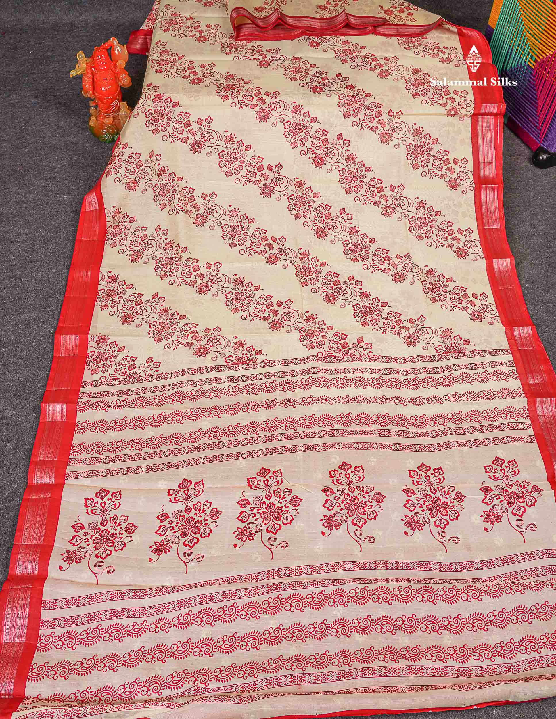Mahu Silk Fancy Saree - Half White Colour Body With Contrast Chilly Red Tissue Border