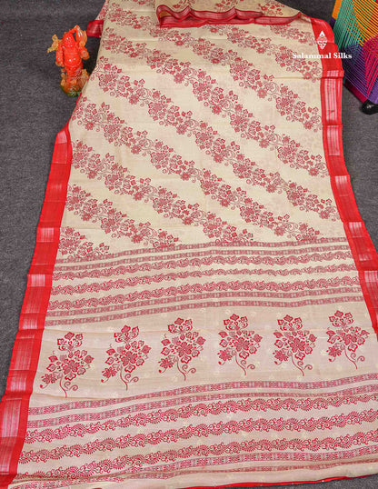 Mahu Silk Fancy Saree - Half White Colour Body With Contrast Chilly Red Tissue Border