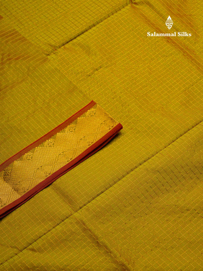 Beautiful Manthulir Green Small Zari Checks Semi Silk Cotton Saree With Contrast Chilly Red Blouse
