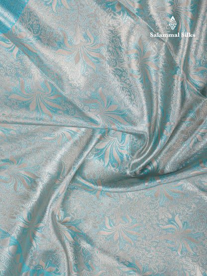 Beautiful Silver Tissue Bridal Pure Kanjivaram Silk Saree With Ccontrast Sky Blue Traditional Evening Morning Border