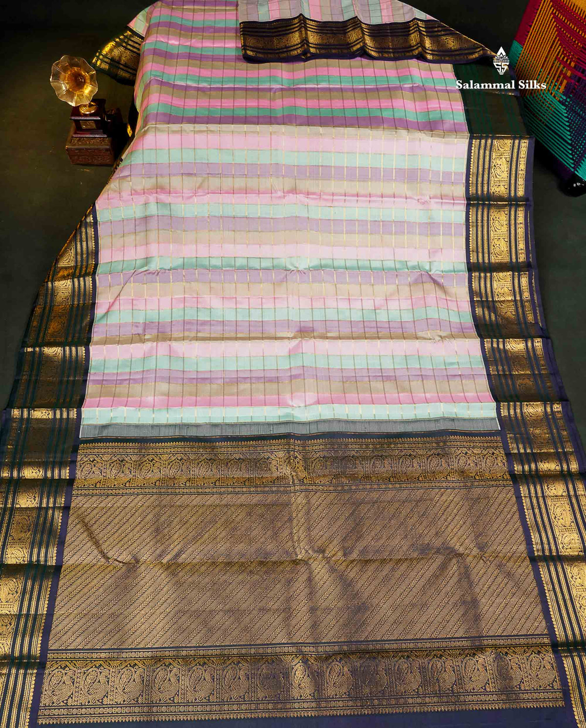 Korvai Pure Kanjivaram Silk Saree - MultiColour Body With Contrast Navy Blue Traditional Border