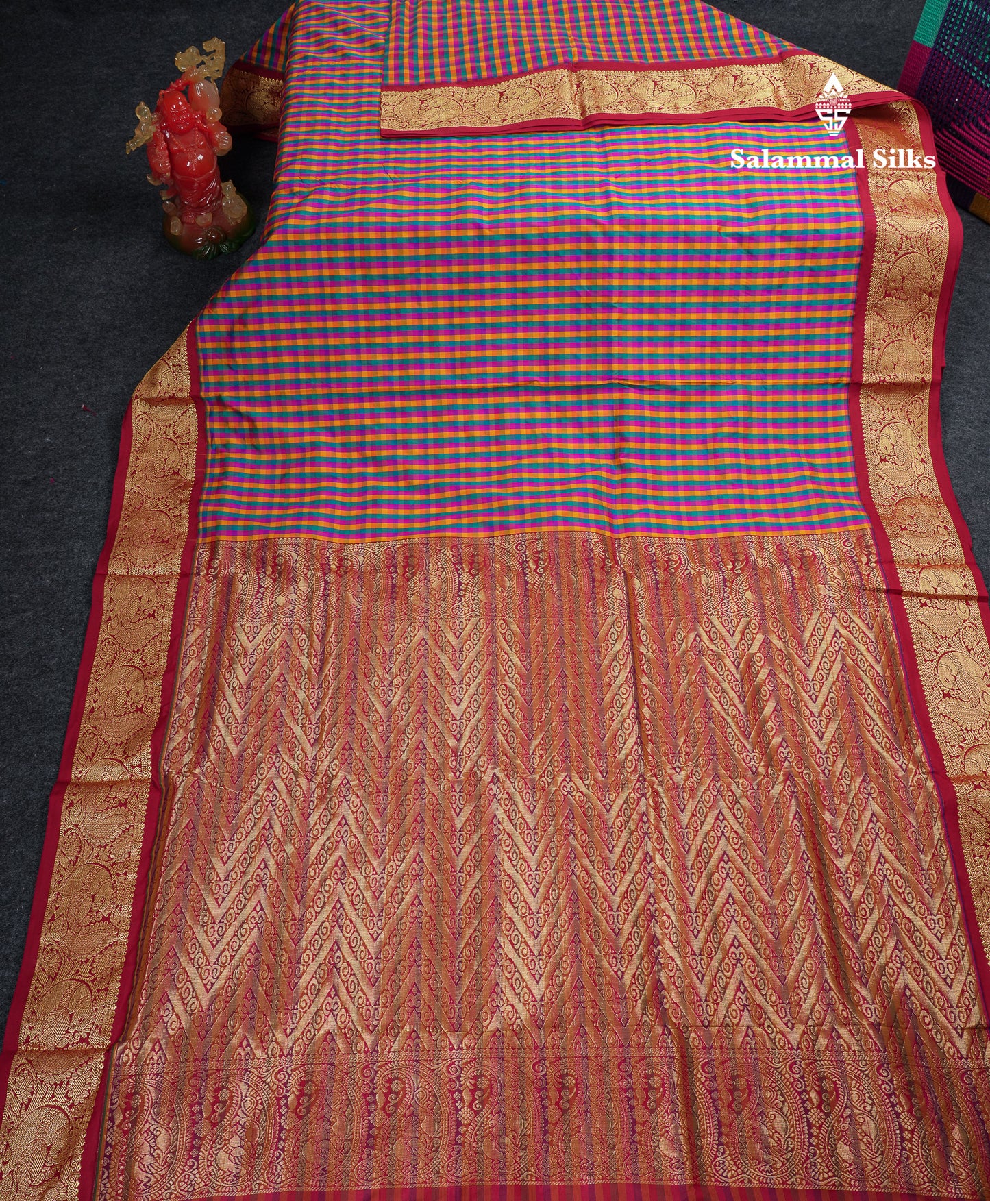 10.5 Yards Semi Silk Saree Paalum Pazham Checks With Contrast Maroon Traditional Border