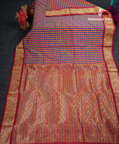 10.5 Yards Semi Silk Saree Paalum Pazham Checks With Contrast Maroon Traditional Border