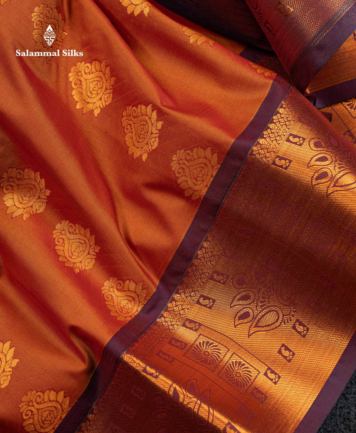 Beautiful Rust Orange Semi Silk Saree With Contrast Brown Traditional Border