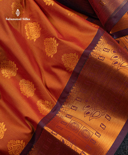 Beautiful Rust Orange Semi Silk Saree With Contrast Brown Traditional Border