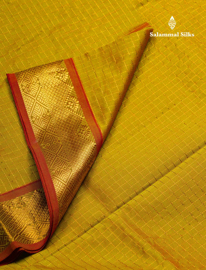 Beautiful Manthulir Green Small Zari Checks Semi Silk Cotton Saree With Contrast Chilly Red Blouse