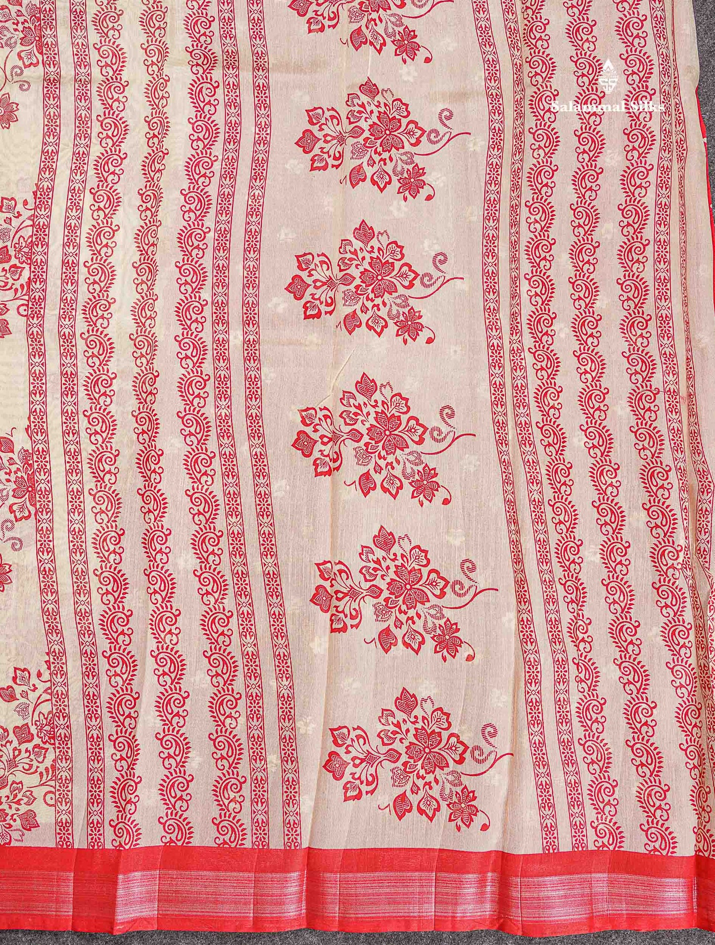 Mahu Silk Fancy Saree - Half White Colour Body With Contrast Chilly Red Tissue Border