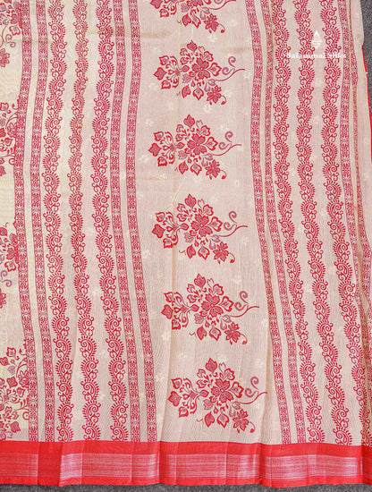 Mahu Silk Fancy Saree - Half White Colour Body With Contrast Chilly Red Tissue Border