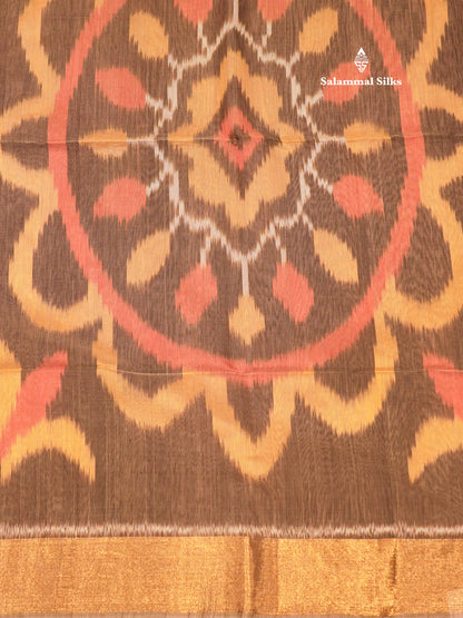 Premium Chocolate Colour Pochampalli Cotton Saree With Gold Zari Border