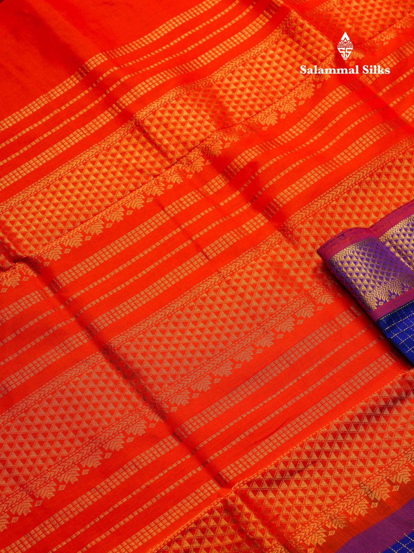 Beautiful Royal Blue Small Zari Checks Semi Silk Cotton Saree With Contrast Orange Blouse