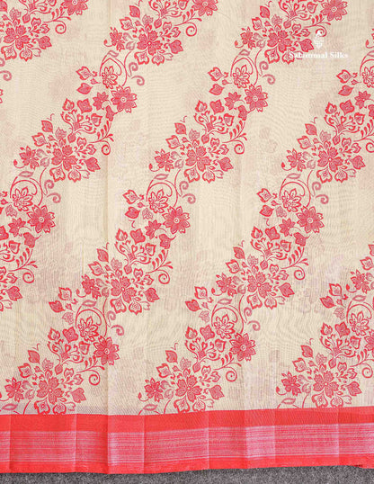 Mahu Silk Fancy Saree - Half White Colour Body With Contrast Chilly Red Tissue Border