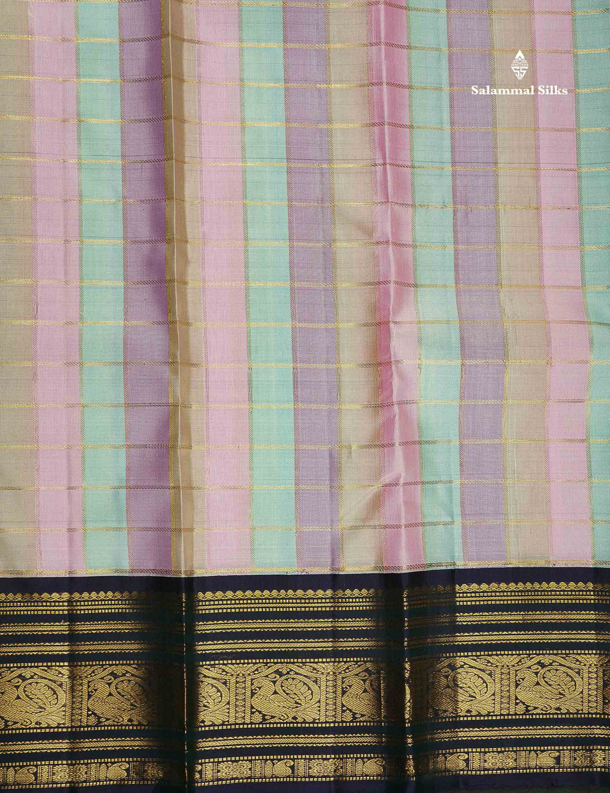 Korvai Pure Kanjivaram Silk Saree - MultiColour Body With Contrast Navy Blue Traditional Border