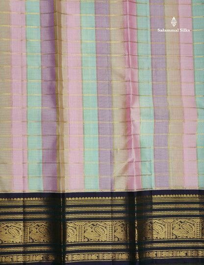 Korvai Pure Kanjivaram Silk Saree - MultiColour Body With Contrast Navy Blue Traditional Border