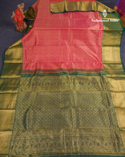 Beautiful Pink Bridal Pure Kanjivaram Silk Saree With Contrast Bottle Green Traditional Border