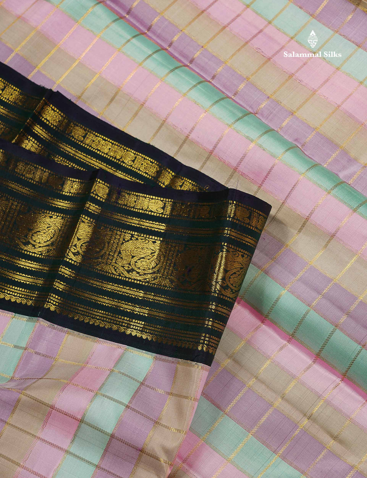 Korvai Pure Kanjivaram Silk Saree - MultiColour Body With Contrast Navy Blue Traditional Border