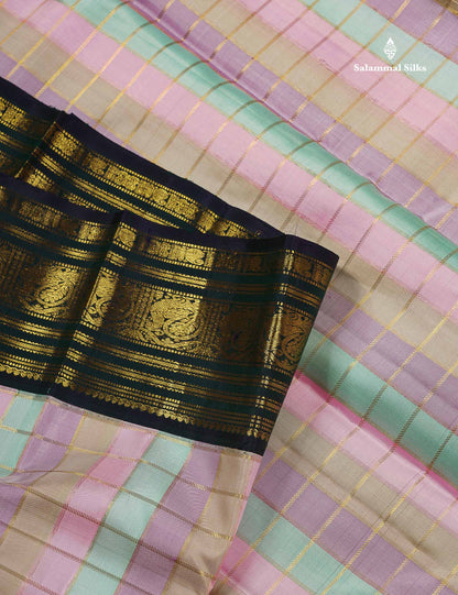Korvai Pure Kanjivaram Silk Saree - MultiColour Body With Contrast Navy Blue Traditional Border