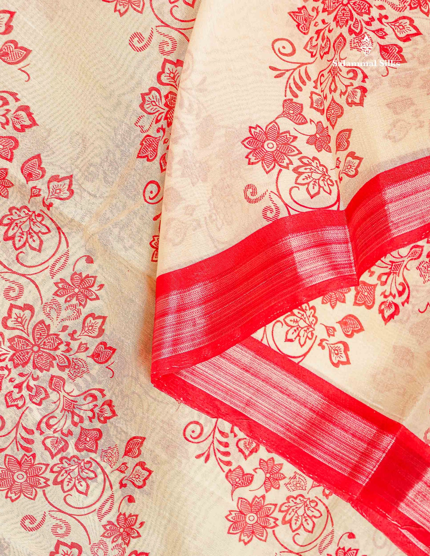Mahu Silk Fancy Saree - Half White Colour Body With Contrast Chilly Red Tissue Border