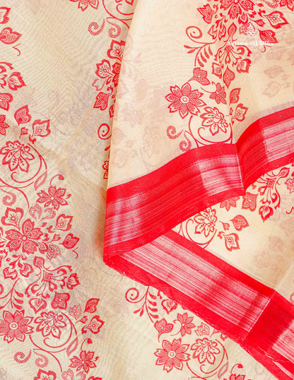 Mahu Silk Fancy Saree - Half White Colour Body With Contrast Chilly Red Tissue Border