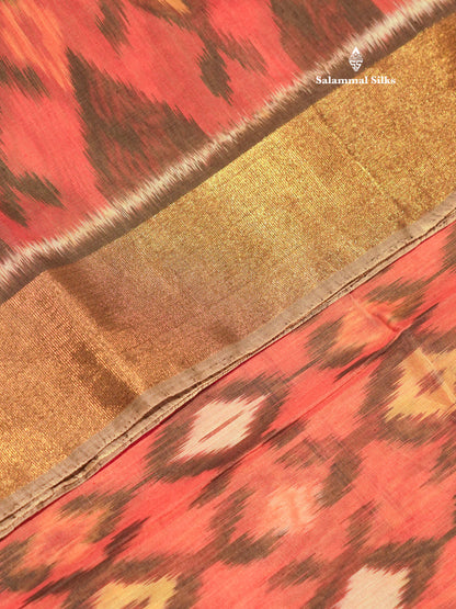 Premium Chocolate Colour Pochampalli Cotton Saree With Gold Zari Border