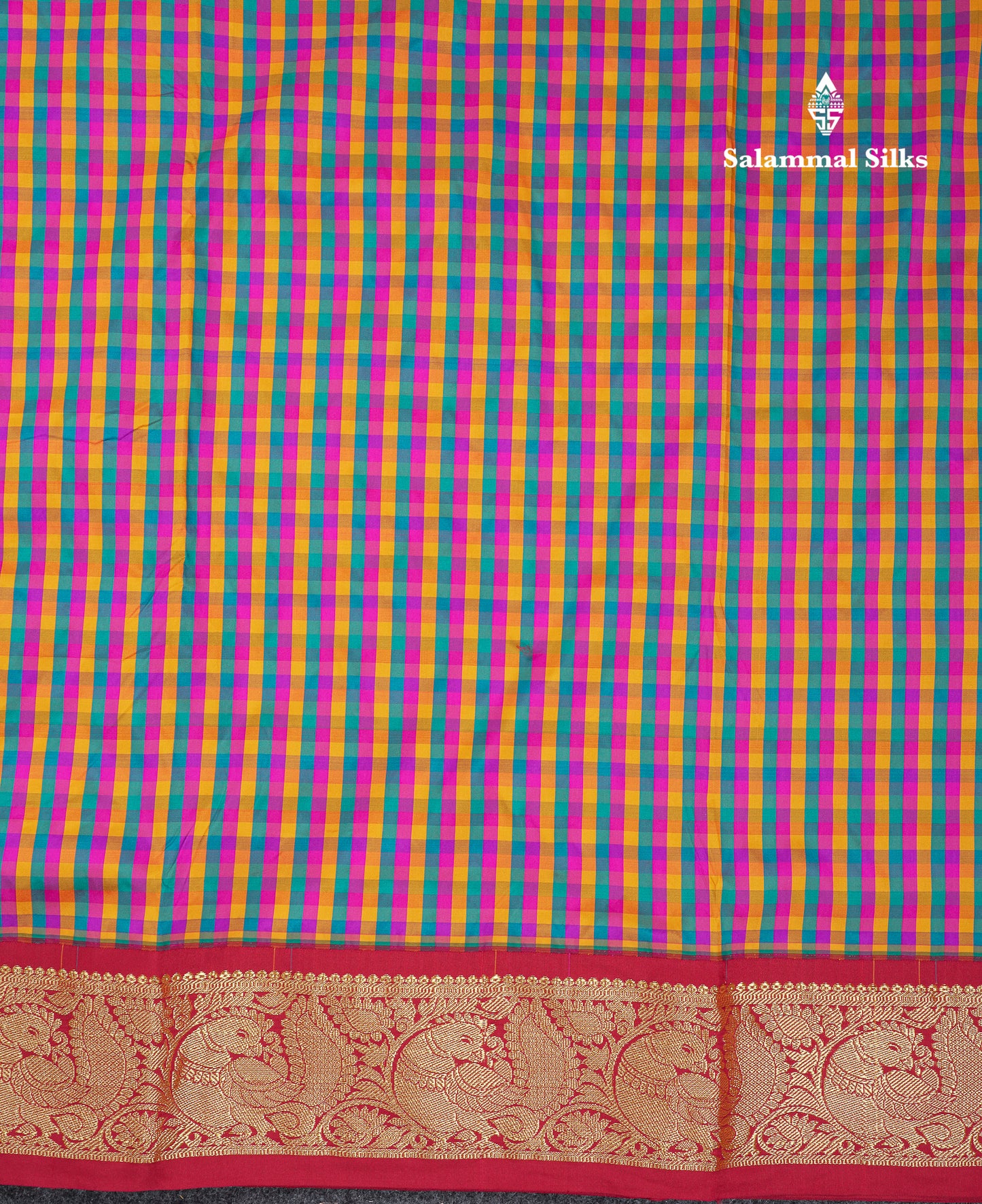 10.5 Yards Semi Silk Saree Paalum Pazham Checks With Contrast Maroon Traditional Border