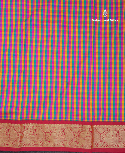 10.5 Yards Semi Silk Saree Paalum Pazham Checks With Contrast Maroon Traditional Border