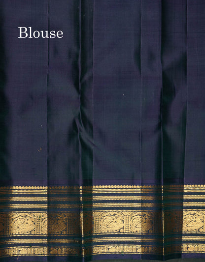 Korvai Pure Kanjivaram Silk Saree - MultiColour Body With Contrast Navy Blue Traditional Border