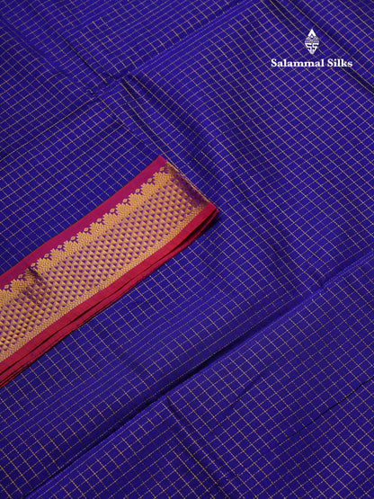 Beautiful Royal Blue Small Zari Checks Semi Silk Cotton Saree With Contrast Orange Blouse