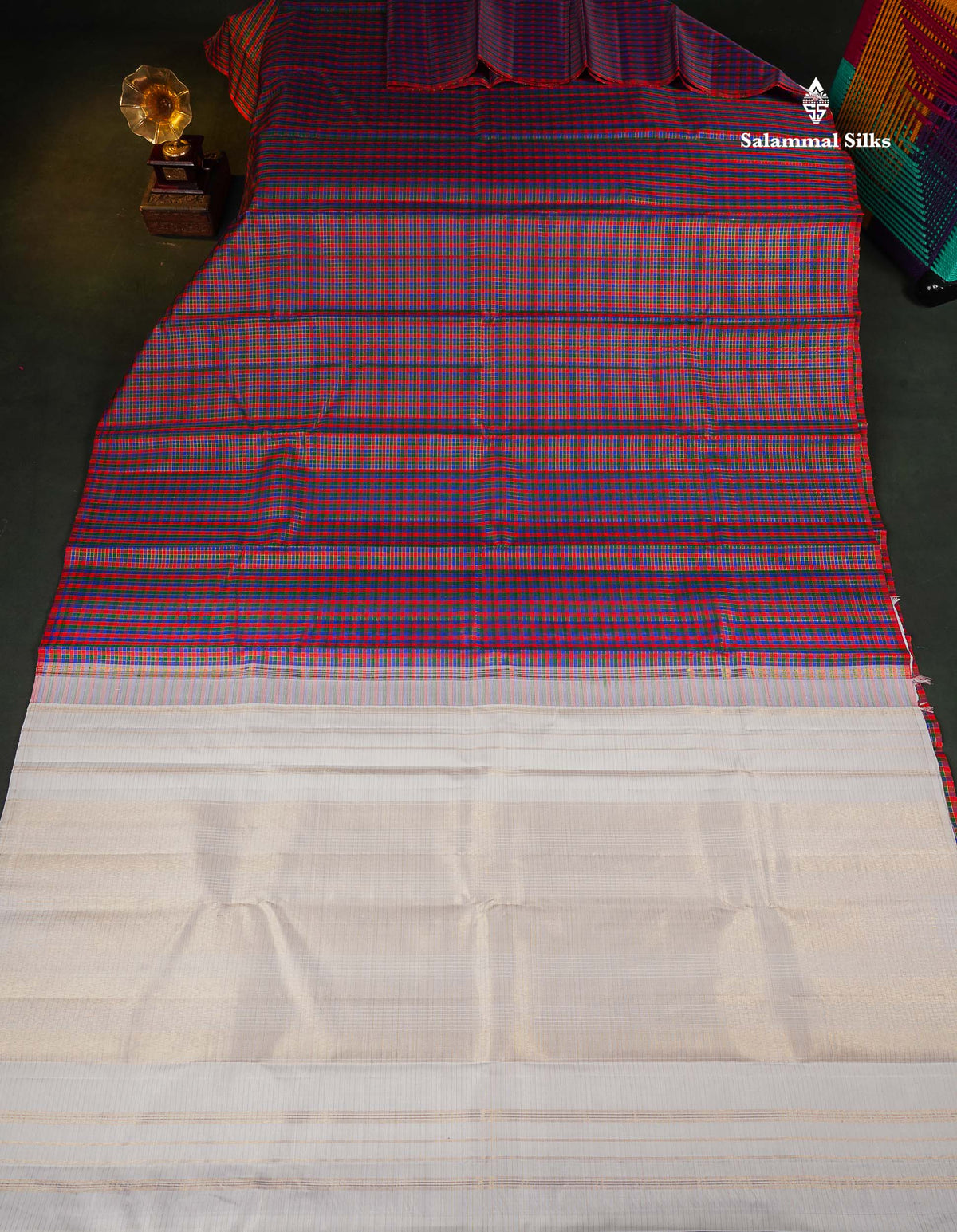 Pure Kanjivaram Silk Saree - MultiColour Body Small Checks With Contrast White Blouse